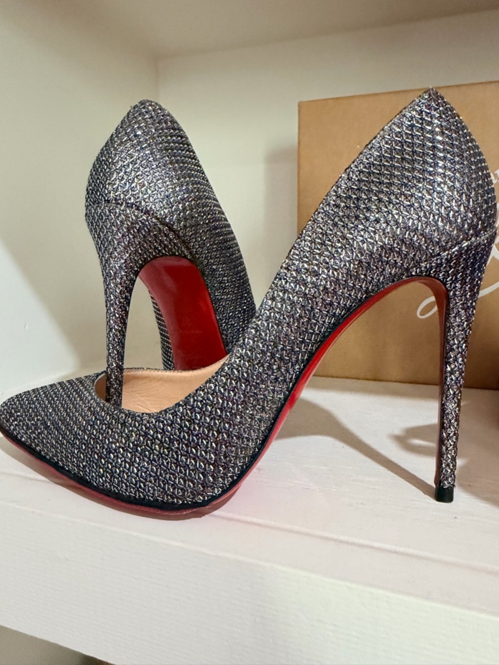 Christian Louboutin Glitter Pointed Stiletto Heels - Silver with Red Sole